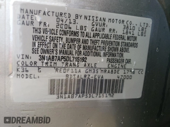 2013 Nissan Sentra FE+ S with VIN 3N1AB7AP5DL715192, listed as a Copart auction lot 54673125 with 211,149 mi miles and Clean Title. Bid and sale history available at DreamBid. Image 12.