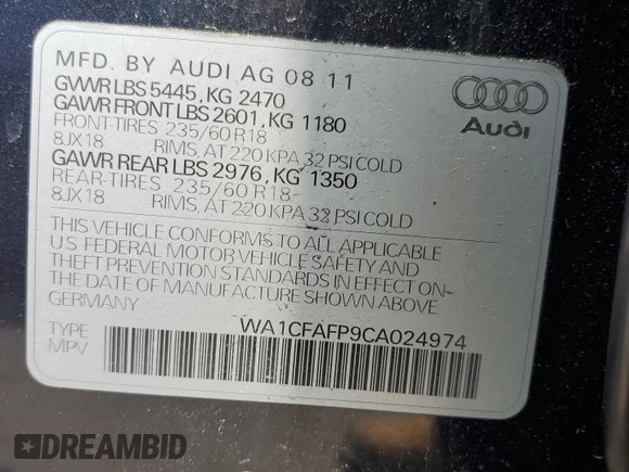2012 Audi Q5 Premium with VIN WA1CFAFP9CA024974, listed as a Copart auction lot 58266445 with 119,749 mi miles and Salvage title. Bid and sale history available at DreamBid. Image 12.