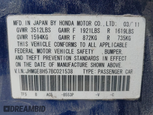 2011 Honda Fit Sport with VIN JHMGE8H57BC021538, listed as a IAAI auction lot 42263684 with 144,164 mi miles and . Bid and sale history available at DreamBid. Image 9.