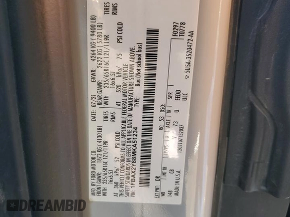 2021 Ford Transit Passenger XL с VIN 1FBAX2Y88MKA51234, выставлен на аукционе Copart как лот 88279065 с пробегом 41 960 миль миль и Списание • Salvage title. История ставок и продаж доступна на DreamBid. Изображение 15.
