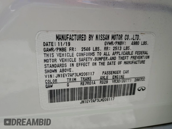2020 Infiniti Q50 Luxe with VIN JN1EV7AP3LM206117, listed as a Copart auction lot 58060395 with 40,534 mi miles and Non repairable. Bid and sale history available at DreamBid. Image 12.
