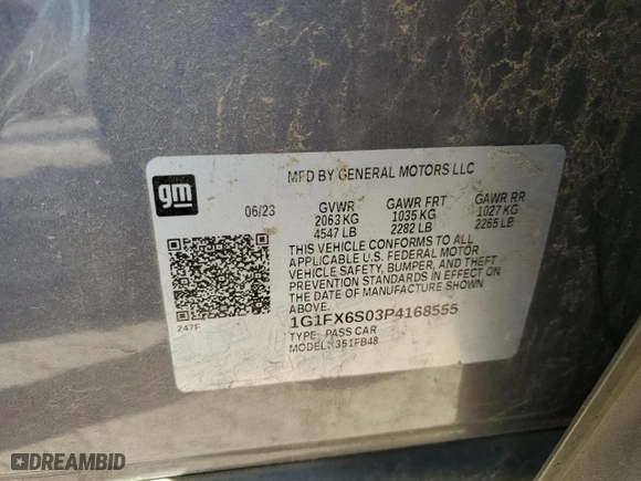 2023 Chevrolet Bolt EV 2LT with VIN 1G1FX6S03P4168555, listed as a Copart auction lot 46706185 with NaN miles and Salvage Title. Bid and sale history available at carsss.com. Image 12.