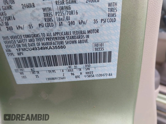 2009 Ford Escape Hybrid with VIN 1FMCU49349KA35580, listed as a IAAI auction lot 42720544 with 95,630 mi miles and . Bid and sale history available at DreamBid. Image 9.