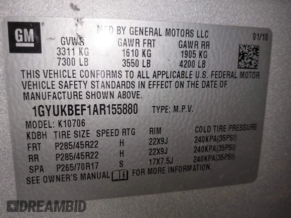 2010 Cadillac Escalade Luxury z VIN 1GYUKBEF1AR155880, wystawiony jako IAAI lot #41542872 z przebiegiem Nie podano mil oraz . Historia ofert i sprzedaży dostępna na DreamBid. Obrazek 9.