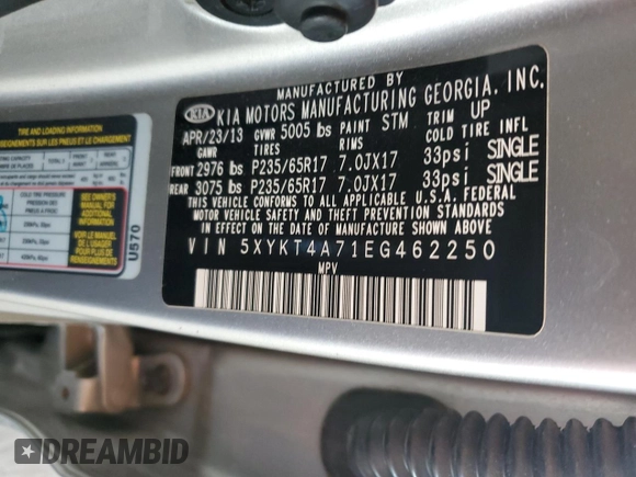 2014 Kia Sorento LX with VIN 5XYKT4A71EG462250, listed as a Copart auction lot 50083895 with 106,370 mi miles and Clean Title. Bid and sale history available at carsss.com. Image 13.