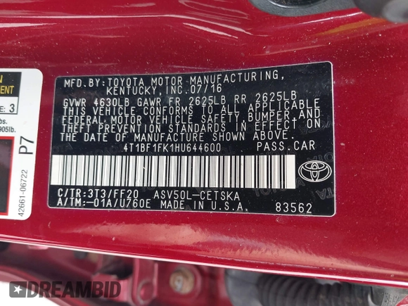 2017 Toyota Camry XLE z VIN 4T1BF1FK1HU644600, wystawiony jako IAAI lot #42301348 z przebiegiem 74 937 mil mil oraz . Historia ofert i sprzedaży dostępna na DreamBid. Obrazek 9.