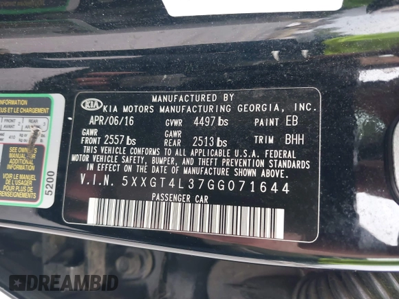 2016 Kia Optima LX with VIN 5XXGT4L37GG071644, listed as a IAAI auction lot 42715825 with 77,280 mi miles and . Bid and sale history available at DreamBid. Image 9.