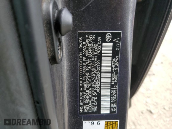 2008 Toyota Prius z VIN JTDKB20U683437190, wystawiony jako Copart lot #53399515 z przebiegiem Nie podano mil oraz Szkoda całkowita • Salvage title. Historia ofert i sprzedaży dostępna na DreamBid. Obrazek 12.