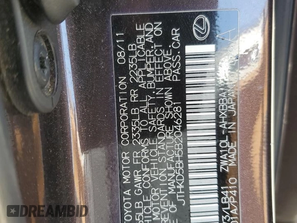 2011 Lexus CT 200h with VIN JTHKD5BH5B2046281, listed as a Copart auction lot 54407425 with 191,093 mi miles and Salvage Title. Bid and sale history available at DreamBid. Image 12.