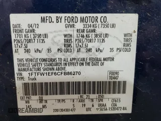 2012 Ford F-150 XL with VIN 1FTFW1EF6CFB86270, listed as a Copart auction lot 51649855 with 241,069 mi miles and Salvage title. Bid and sale history available at DreamBid. Image 12.