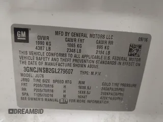 2016 Chevrolet Trax LS with VIN 3GNCJNSB2GL279607, listed as a IAAI auction lot 41421621 with 51,581 mi miles. Bid and sale history available at carsss.com. Image 9.