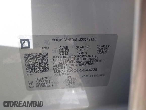 2019 GMC Yukon XL SLT with VIN 1GKS1GKC6KR244728, listed as a IAAI auction lot 41420847 with 138,527 mi miles. Bid and sale history available at carsss.com. Image 9.