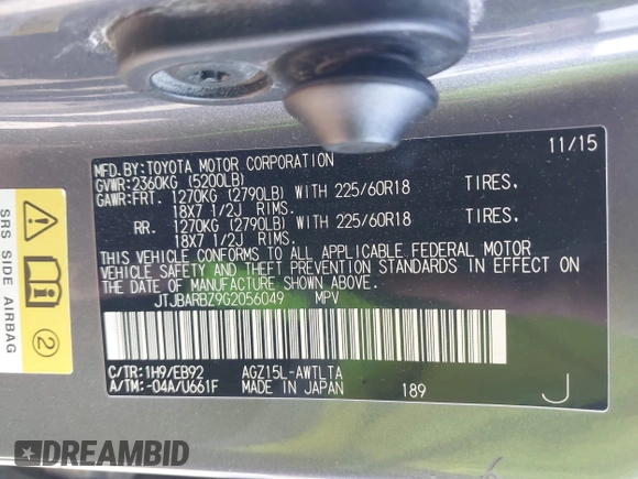 2016 Lexus NX 200t with VIN JTJBARBZ9G2056049, listed as a IAAI auction lot 41351491 with 157,543 mi miles and . Bid and sale history available at DreamBid. Image 9.