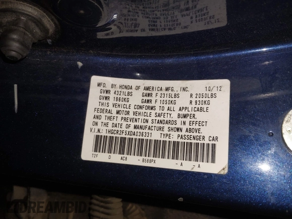 2013 Honda Accord Sport with VIN 1HGCR2F5XDA036331, listed as a IAAI auction lot 42173860 with 180,099 mi miles and . Bid and sale history available at DreamBid. Image 9.