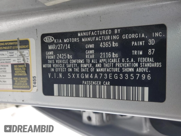 2014 Kia Optima LX with VIN 5XXGM4A73EG335796, listed as a Copart auction lot 89120645 with 199,249 mi miles and Salvage Title. Bid and sale history available at carsss.com. Image 12.
