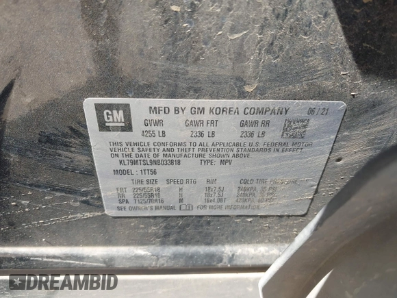 2022 Chevrolet TrailBlazer RS with VIN KL79MTSL9NB033818, listed as a IAAI auction lot 42013033 with 43,260 mi miles and . Bid and sale history available at DreamBid. Image 9.
