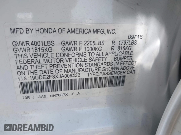 2018 Acura ILX with VIN 19UDE2F3XJA009432, listed as a IAAI auction lot 42520518 with 63,368 mi miles and . Bid and sale history available at DreamBid. Image 9.