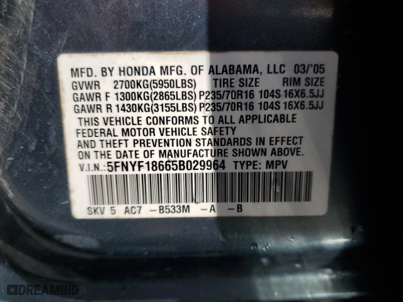 2005 Honda Pilot EX-L with RES with VIN 5FNYF18665B029964, listed as a Copart auction lot 48349055 with 214,108 mi miles and Salvage Title. Bid and sale history available at carsss.com. Image 13.