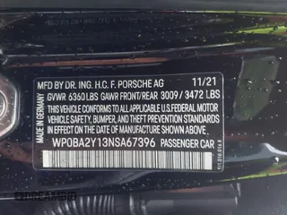 2022 Porsche Taycan 4 with VIN WP0BA2Y13NSA67396, listed as a IAAI auction lot 42377958 with 67,592 mi miles and . Bid and sale history available at DreamBid. Image 9.