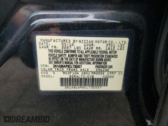 2012 Nissan Sentra S with VIN 3N1AB6AP8CL735557, listed as a Copart auction lot 60151655 with 167,128 mi miles and Salvage title. Bid and sale history available at DreamBid. Image 12.