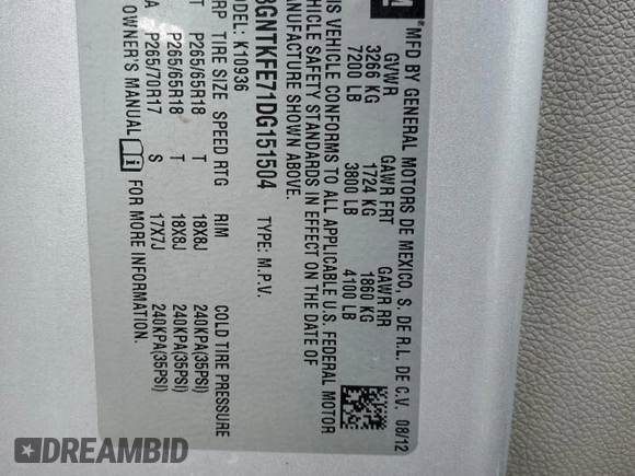 2013 Chevrolet Avalanche LT with VIN 3GNTKFE71DG151504, listed as a Copart auction lot 45566065 with Not provided miles and Salvage title. Bid and sale history available at DreamBid. Image 14.