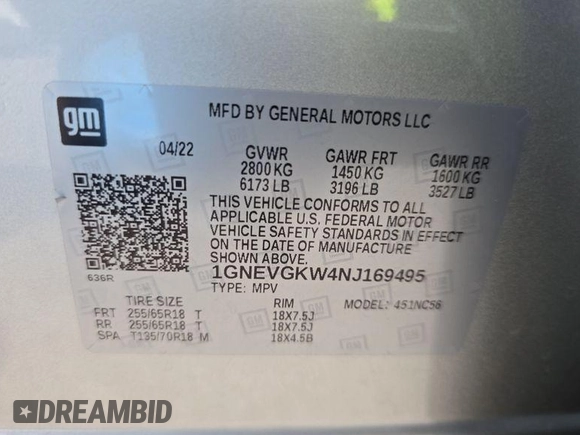2022 Chevrolet Traverse LT Cloth z VIN 1GNEVGKW4NJ169495, wystawiony jako IAAI lot #42566410 z przebiegiem 34 588 mil mil oraz . Historia ofert i sprzedaży dostępna na DreamBid. Obrazek 5.