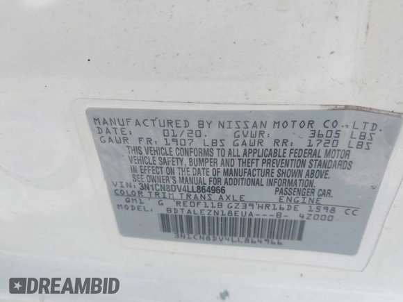 2020 Nissan Versa S z VIN 3N1CN8DV4LL864966, wystawiony jako IAAI lot #42260836 z przebiegiem Nie podano mil oraz . Historia ofert i sprzedaży dostępna na DreamBid. Obrazek 9.