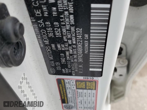 2019 Kia Rio S with VIN 3KPA24AB0KE214132, listed as a Copart auction lot 49580575 with 48,872 mi miles and Salvage Title. Bid and sale history available at DreamBid. Image 12.