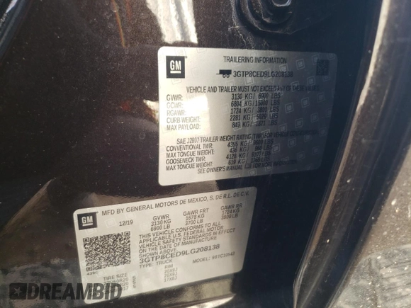 2020 GMC Sierra 1500 Elevation with VIN 3GTP8CED9LG208138, listed as a Copart auction lot 87689565 with 32,563 mi miles and Salvage Title. Bid and sale history available at DreamBid. Image 12.