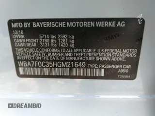 2017 BMW 7 Series 750i with VIN WBA7F0C35HGM21649, listed as a IAAI auction lot 37362691 with 10,000 mi miles and . Bid and sale history available at DreamBid. Image 9.