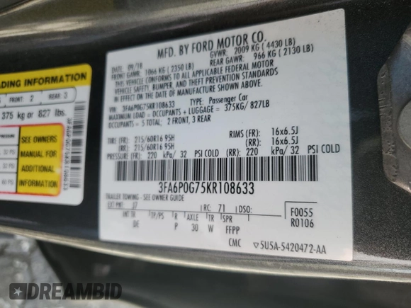 2019 Ford Fusion S with VIN 3FA6P0G75KR108633, listed as a Copart auction lot 48537705 with Not Provided miles and Clean Title. Bid and sale history available at DreamBid. Image 12.