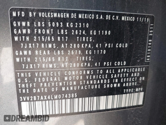 2020 Volkswagen Tiguan SE with VIN 3VV2B7AX4LM074385, listed as a IAAI auction lot 42063842 with 101,092 mi miles and . Bid and sale history available at DreamBid. Image 9.