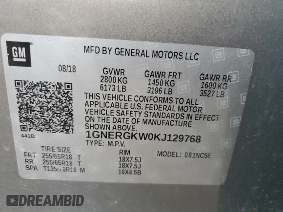 2019 Chevrolet Traverse LT Cloth z VIN 1GNERGKW0KJ129768, wystawiony jako Copart lot #50124355 z przebiegiem 66 056 mil mil oraz Szkoda całkowita • Salvage title. Historia ofert i sprzedaży dostępna na DreamBid. Obrazek 15.