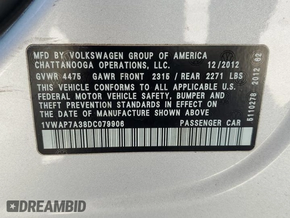 2013 Volkswagen Passat S with VIN 1VWAP7A38DC079906, listed as a Copart auction lot 48803035 with 161,262 mi miles and Non repairable. Bid and sale history available at DreamBid. Image 13.