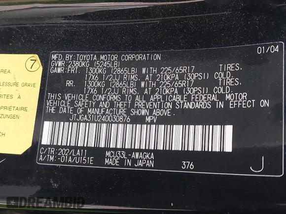 2004 Lexus RX 330 with VIN JTJGA31U240030876, listed as a IAAI auction lot 41773275 with 190,516 mi miles and . Bid and sale history available at DreamBid. Image 9.