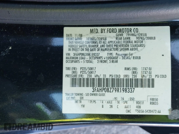 2009 Ford Fusion SEL with VIN 3FAHP08Z79R198337, listed as a IAAI auction lot 41642474 with 133,507 mi miles. Bid and sale history available at carsss.com. Image 9.