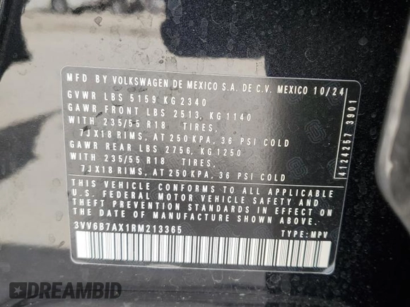2024 Volkswagen Tiguan Wolfsburg Edition z VIN 3VV6B7AX1RM213365, wystawiony jako Copart lot #53645825 z przebiegiem 4 189 mil mil oraz Nie do naprawy • Non repairable. Historia ofert i sprzedaży dostępna na DreamBid. Obrazek 13.