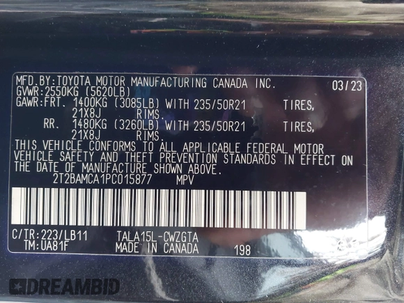 2023 Lexus RX 350 with VIN 2T2BAMCA1PC015877, listed as a IAAI auction lot 42030702 with 17,147 mi miles and . Bid and sale history available at DreamBid. Image 9.
