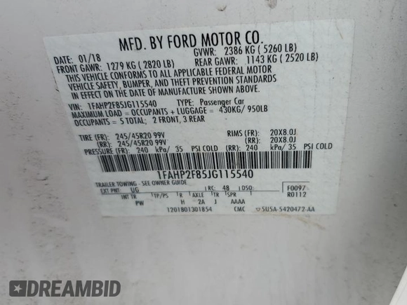 2018 Ford Taurus Limited with VIN 1FAHP2F85JG115540, listed as a Copart auction lot 61537515 with 79,099 mi miles and Clean title. Bid and sale history available at DreamBid. Image 12.