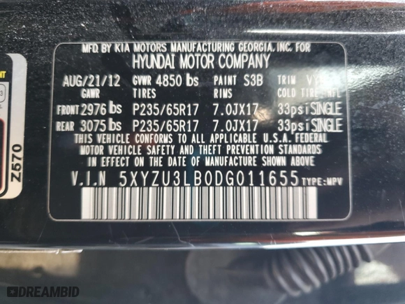 2013 Hyundai Santa Fe Sport with VIN 5XYZU3LB0DG011655, listed as a Copart auction lot 48782025 with 158,950 mi miles and Non Repairable. Bid and sale history available at carsss.com. Image 12.