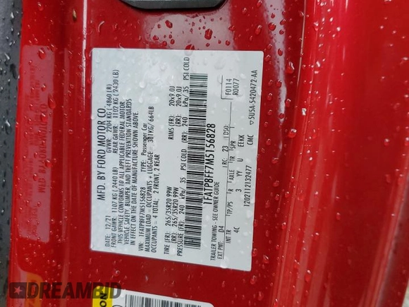 2021 Ford Mustang GT Premium z VIN 1FATP8FF7M5156828, wystawiony jako Copart lot #54714615 z przebiegiem 21 920 mil mil oraz Szkoda całkowita • Salvage title. Historia ofert i sprzedaży dostępna na DreamBid. Obrazek 13.