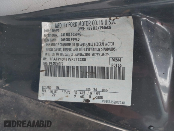 1998 Ford Mustang with VIN 1FAFP4041WF273380, listed as a IAAI auction lot 42549296 with 193,199 mi miles and . Bid and sale history available at DreamBid. Image 9.