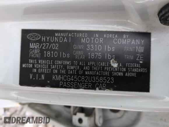 2002 Hyundai Accent GL with VIN KMHCG45C82U358523, listed as a Copart auction lot 48247575 with 164,869 mi miles and Salvage Title. Bid and sale history available at carsss.com. Image 13.