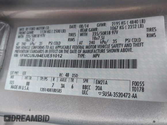 2014 Ford Escape Titanium with VIN 1FMCU9J94EUE51012, listed as a IAAI auction lot 41497105 with 153,031 mi miles. Bid and sale history available at carsss.com. Image 9.