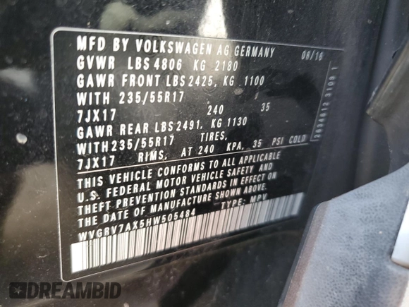 2017 Volkswagen Tiguan Wolfsburg Edition with VIN WVGRV7AX5HW505484, listed as a Copart auction lot 61662705 with 88,012 mi miles and Salvage title. Bid and sale history available at DreamBid. Image 13.