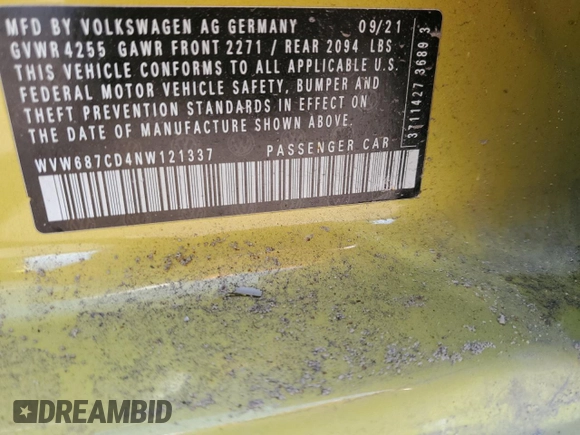 2022 Volkswagen Golf GTI Autobahn with VIN WVW687CD4NW121337, listed as a Copart auction lot 48034475 with 58,225 mi miles and Salvage Title. Bid and sale history available at carsss.com. Image 14.