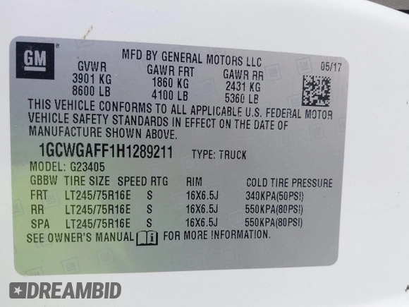 2017 Chevrolet Express Cargo Van with VIN 1GCWGAFF1H1289211, listed as a IAAI auction lot 42060982 with 81,529 mi miles. Bid and sale history available at carsss.com. Image 9.