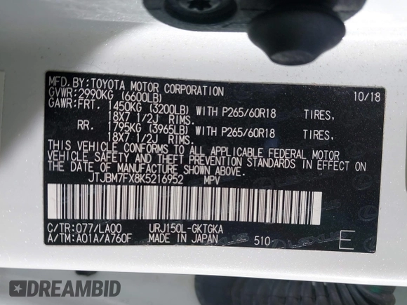 2019 Lexus GX 460 z VIN JTJBM7FX8K5216952, wystawiony jako IAAI lot #41820136 z przebiegiem 112 935 mil mil oraz . Historia ofert i sprzedaży dostępna na DreamBid. Obrazek 9.