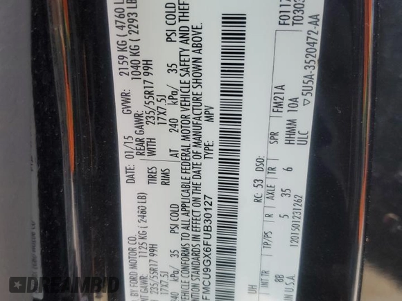 2015 Ford Escape SE with VIN 1FMCU9GX6FUB30127, listed as a Copart auction lot 47383105 with 163,419 mi miles and Salvage Title. Bid and sale history available at DreamBid. Image 15.