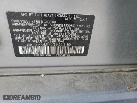 2012 Subaru Forester X Premium with VIN JF2SHADC7CH440168, listed as a Copart auction lot 61045295 with 158,905 mi miles and Clean title. Bid and sale history available at DreamBid. Image 13.